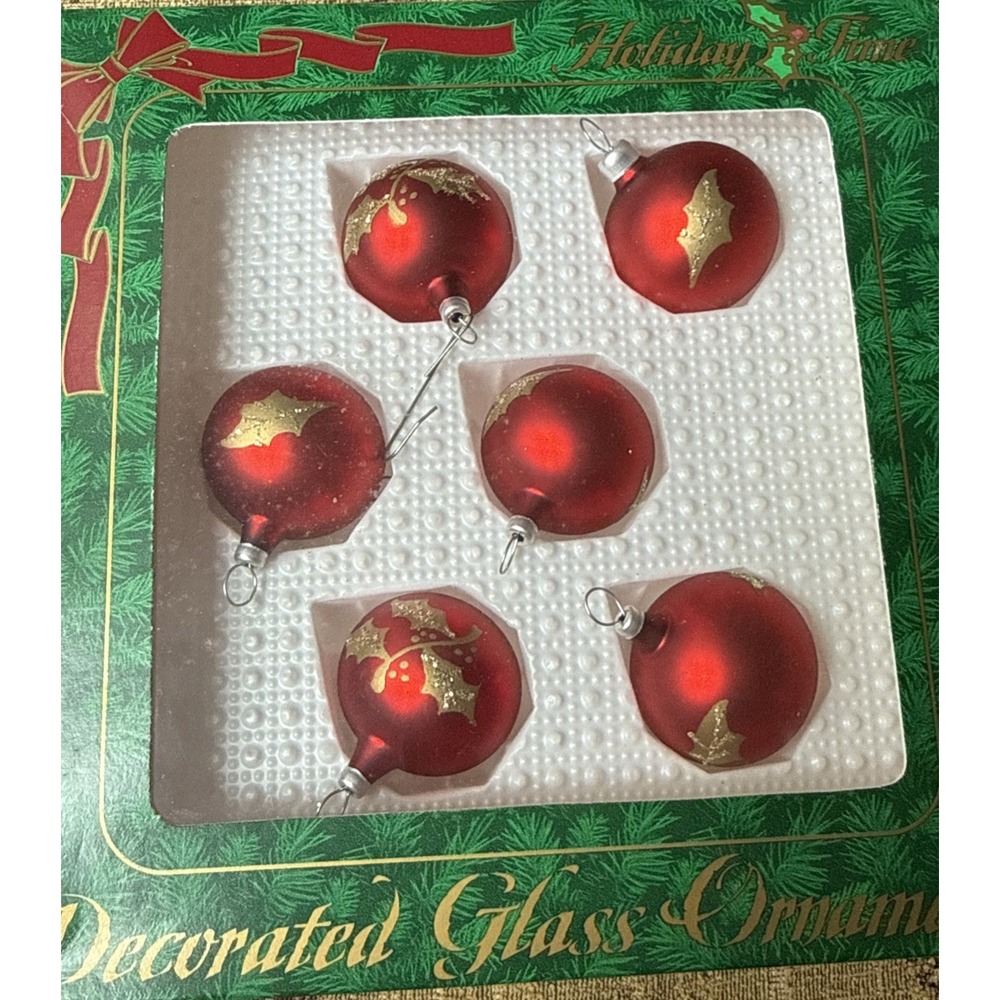 Vintage Holiday Time 6Glass Blown Red Ball Ornaments With Gold Stencils /glitter